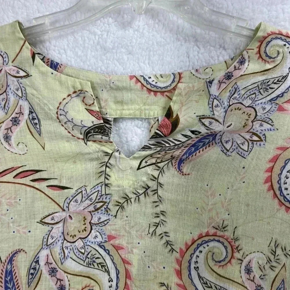 J Jill Love Linen Blouse Yellow Paisley Pattern Split Neck 3/4 Sleeve Size med - Picture 3 of 14